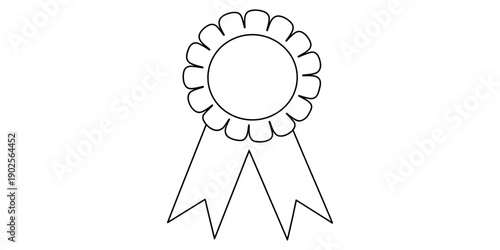 Simple black and white line drawing of an award ribbon rosette icon for coloring or design. Vector, illustration