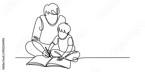 Continuous line drawing of a father helping his young son study and write in a book. Vector, illustration
