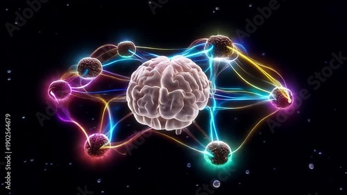 Brain with multiple connected brains and colorful glowing neural network