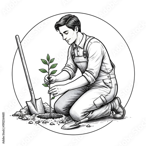 male gardener planting tree sapling in soil with shovel environmental sustainability concept vector