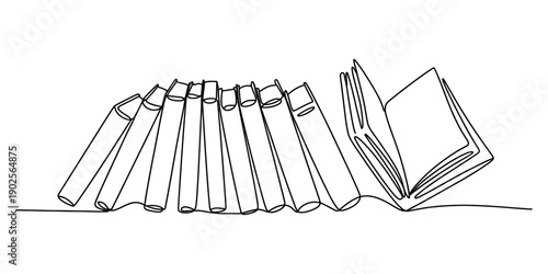Continuous line drawing of a row of books on a shelf with one book open at the end. Vector, illustration