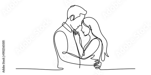 Continuous line drawing of a romantic couple in a gentle embrace with foreheads touching Vector, illustration