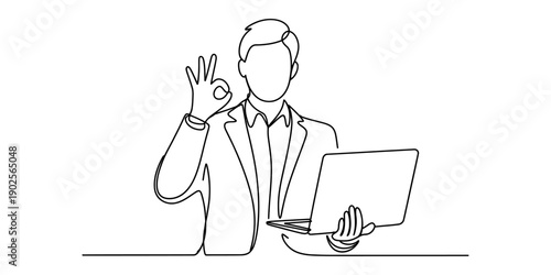 One line drawing of a businessman holding a laptop and showing an okay hand sign gesture Vector, illustration