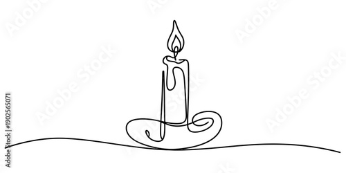Minimalist one line art illustration of a lit candle with dripping wax and flame Vector, illustration