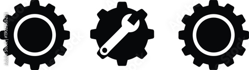 Gear and wrench icons set with mechanical cogwheel symbols representing settings maintenance engineering repair and technical service