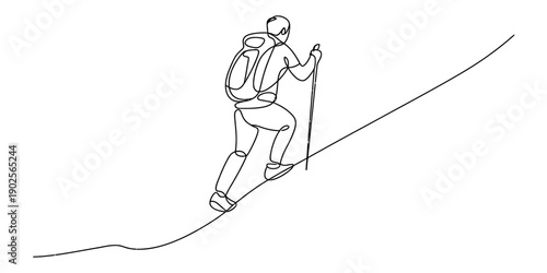 Continuous line drawing of a hiker with a backpack and walking stick climbing a steep hill. Vector, illustration