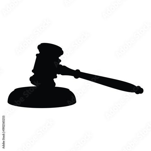 A black and white image of a gavel resting on a sound block. isolated on white background, Vector