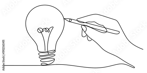 Continuous line drawing of a hand sketching a light bulb representing a creative idea Vector, illustration
