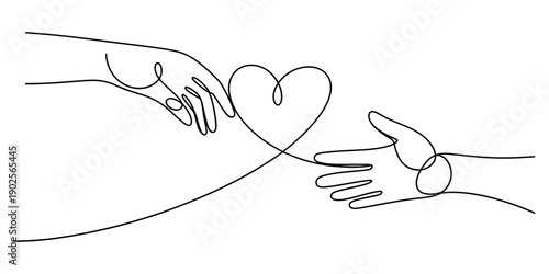 Minimalist one line art of two hands connecting through a heart shape on white background. Vector, illustration