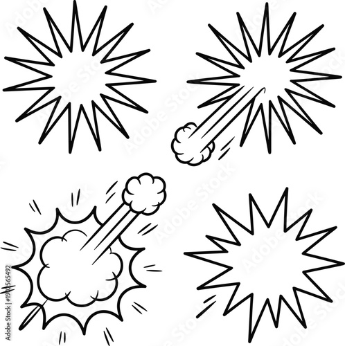Four black and white explosion and impact effect burst des