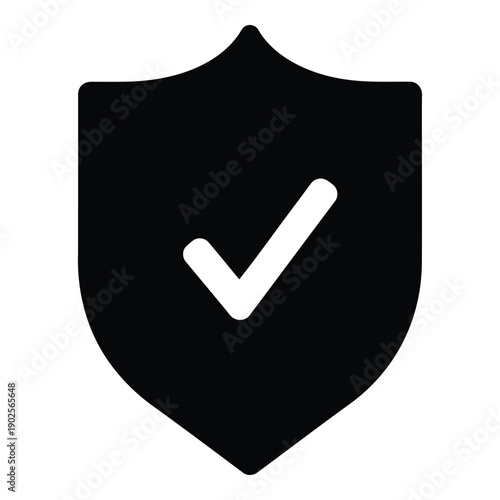 A black shield icon with a white checkmark in the center. isolated on white background, Vector