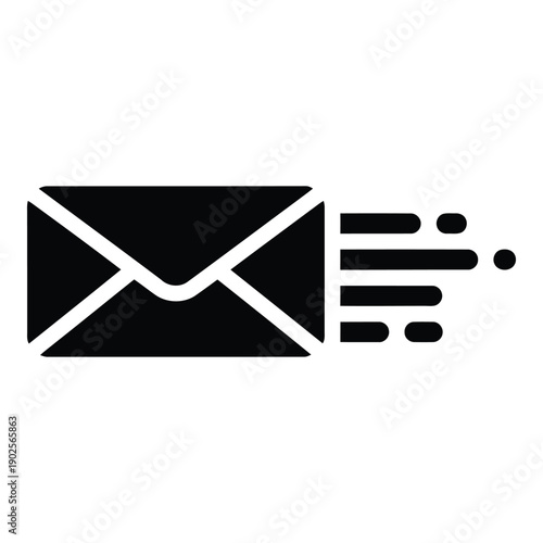 Black and white icon of an envelope with a dotted line representing a message being sent. isolated on white background, Vector