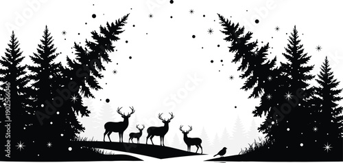 Forest silhouette illustration with deer family, pine trees, bird, starry atmosphere, black and white artwork, wildlife, nature, peaceful woodland design