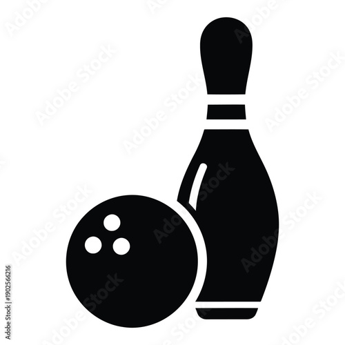 A black and white illustration of a bowling ball and a bowling pin. isolated on white background, Vector