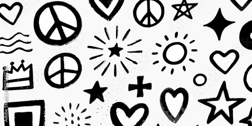 Black and white pattern featuring various hand drawn symbols and shapes