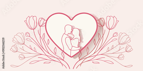 A couple embracing within a heart shaped floral outline romantic papercut style