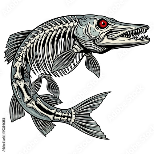 Pike skeleton fish with red eyes in vintage tattoo style illustration isolated on white background