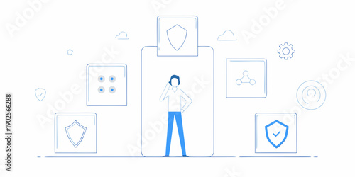 A person surrounded by digital security and data protection icons