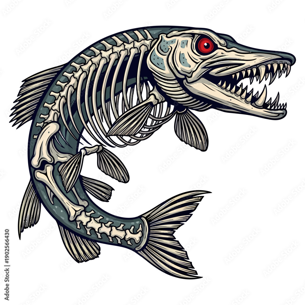 Fototapeta premium Pike skeleton fish with red eyes in vintage tattoo style illustration isolated on white background