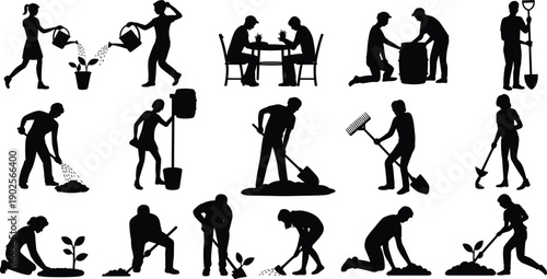 People gardening silhouettes set showing planting, watering, digging, and harvesting activities isolated on white background, sustainable agriculture, outdoor work, eco lifestyle, 