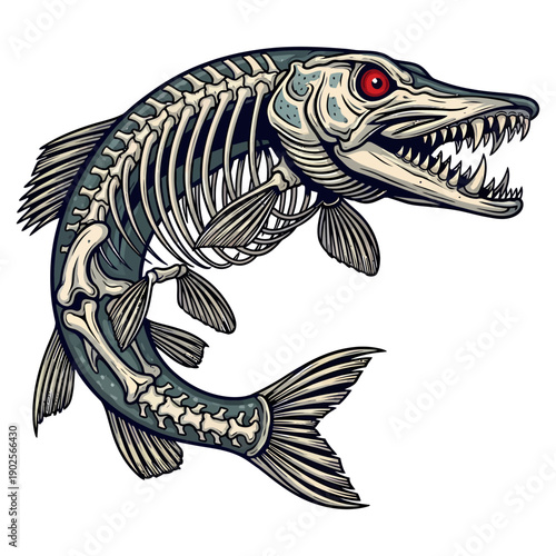 Pike skeleton fish with red eyes in vintage tattoo style illustration isolated on white background