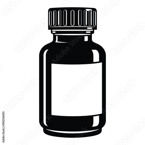 A black and white illustration of a bottle with a black cap and a white label isolated on white background, Vector