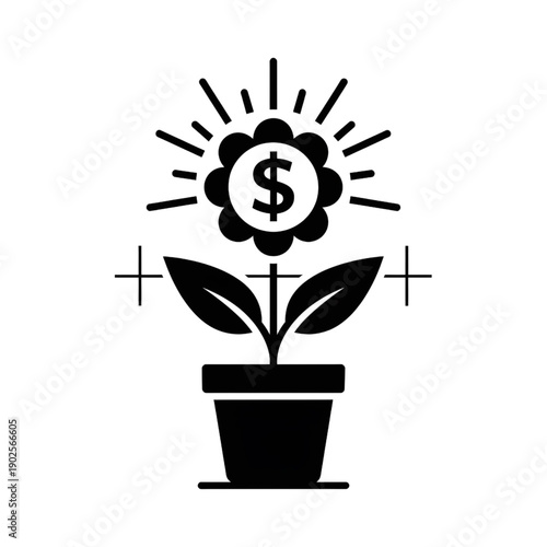 money flower in pot with dollar coin and glowing petals investment and wealth growth vector illustration
