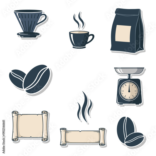 A collection of icons for the coffee connoisseur, featuring a pour-over dripper, a steaming cup, roasted coffee beans, a weighing scale, and blank parchment scrolls.