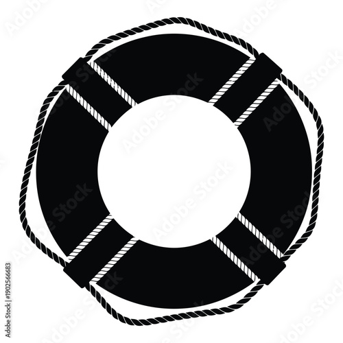 A black and white illustration of a life preserver ring used for safety at sea isolated on white background, Vector