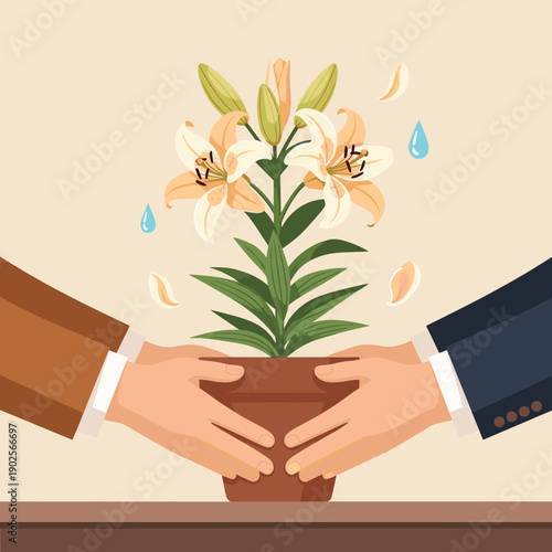 Two sets of hands carefully hold a potted lily plant with beautiful peach-colored blossoms, symbolizing a gentle exchange, growth, and nurturing partnership over a desk.