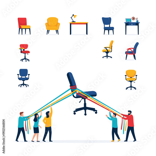 Team of people collaboratively holds up a new office chair with colorful ribbons, showcasing a selection of modern furniture and the concept of teamwork in furnishing a space.