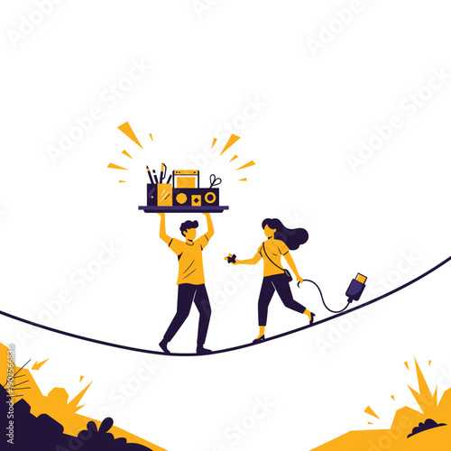 Man carrying creative supplies and a woman with a USB cable carefully balance on a tightrope, symbolizing the delicate partnership between creativity and technology today.