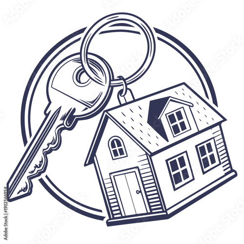 House key on keychain with house shaped fob real estate