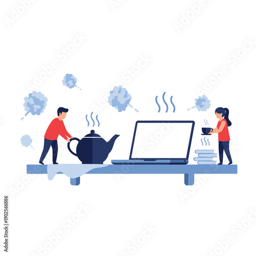 Tiny people having a relaxing tea break on a shelf next to a laptop with a blank screen, a creative concept for taking a pause during a busy workday or online meeting.