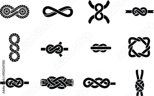 A collection of black icons illustrating various types of knots on a white background