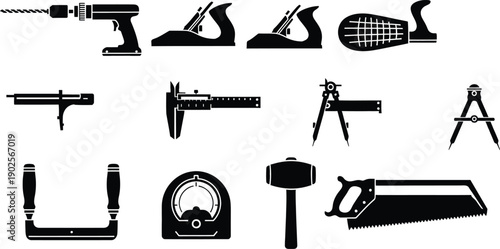 A collection of black silhouettes showing essential woodworking and construction tools