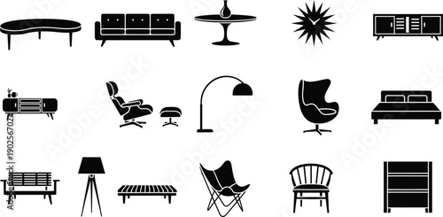 A black and white grid featuring various modern furniture silhouettes and home accessories