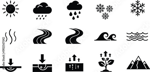 A set of black and white icons representing various natural phenomena, weather conditions, and geological processes