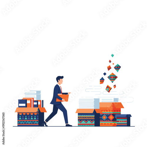 Businessman transitions from plain, organized files to boxes bursting with creative, patterned documents, symbolizing a shift towards innovation, diversity and new ideas.