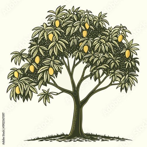 Healthy mango tree with yellow fruits and green leaves on cream background