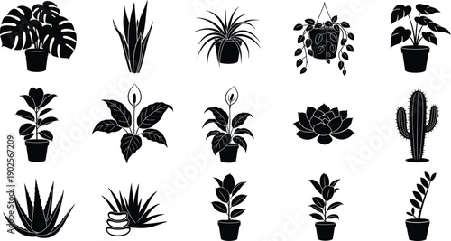 A collection of various potted houseplant silhouettes arranged in a three-by-five grid layout