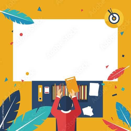 Top-down view of a person organizing books at their desk, with a large blank space for text, surrounded by festive feathers and confetti to celebrate learning or a new project.