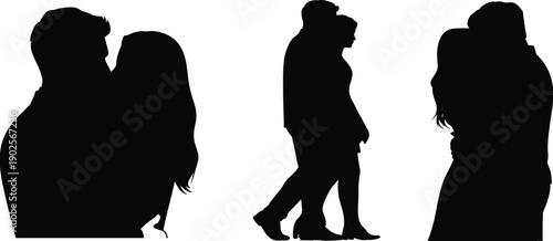 Romantic couple silhouettes collection showing hugging, kissing, and walking together isolated on white background, love, relationship, dating, affection, and modern romance lifestyle concept