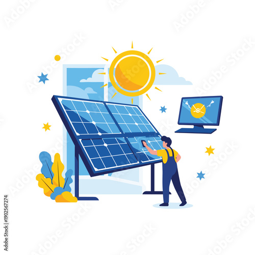 Technician in overalls is cleaning a large solar panel under a bright sun, with a computer monitor nearby showing the system's energy efficiency and optimal performance.
