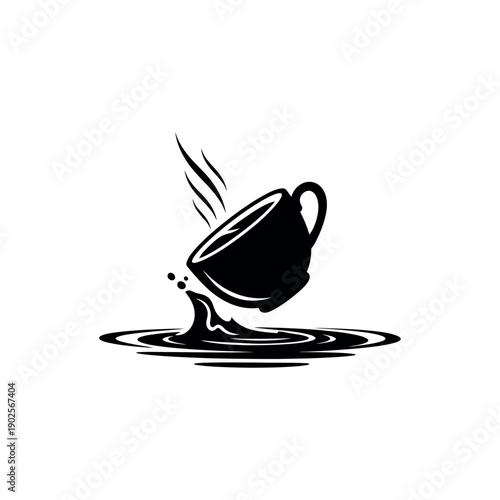 Black and white illustration depicting a coffee cup tipping over and spilling, representing a mess, accident, or a moment of mishap.