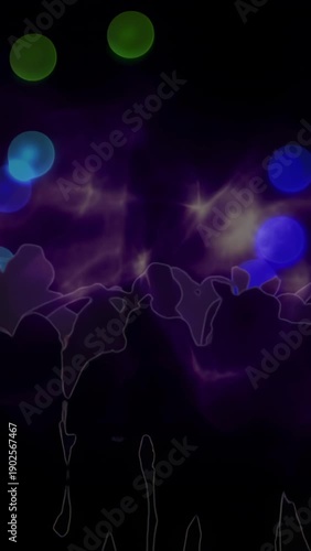 Vertical video: Outlined crowd reacting to bokeh, neon outlines pulsing and arms rising to music