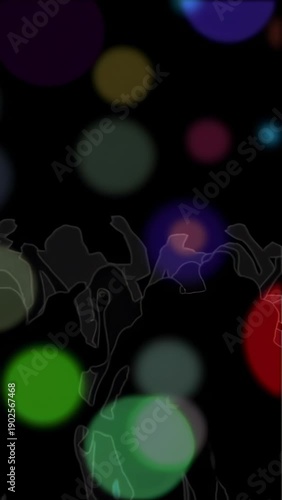 Vertical video: Silhouetted crowd moving to pulsing lights, dancing and raising hands to music