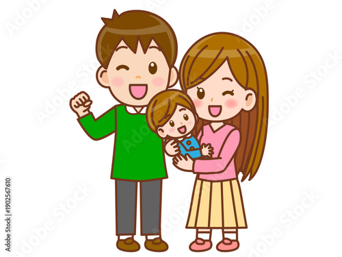 仲良く子育てするパパとママのイラスト素材