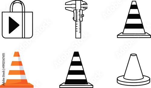 Construction tools and traffic safety cone icon set measurement equipment warning roadwork vector illustration isolated collection
