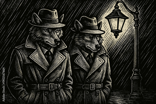 Wolf detectives in trench coats under a street lamp in a noir style with copy space